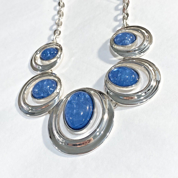 Silver chain fashion necklace collar mod floating blue stone pendants retro chic - Picture 3 of 8